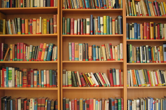 Hundreds of colorful books line a wooden bookshelf