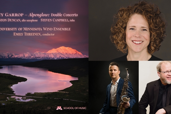 Stacy Garrop's Alpenglow, cover on the left with Emily Threinen (top) Preston Duncan (bottom left) and Steven Campbell (bottom right)