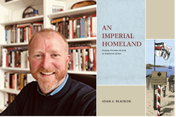 Smiling photo of Adam Blackler, a white ginger man with a beard, with the cover of "An Imperial Homeland" on the right