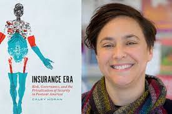 The cover of "Insurance Era" - a red, blue, and black semi skeletal body - next to a smiling portrait of the author Caley Horan