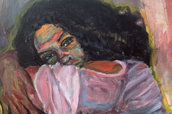 Painting of a Black woman lounging in pink shirt surrounded by quick, multi-colored brushmarks