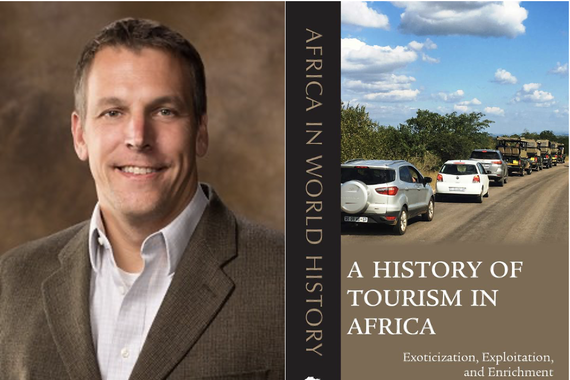 Left: Portrait of Dr. Todd Cleveland in a brown blazer. Right: cover of "A History of Tourism in Africa" featuring a line of cars on a road.