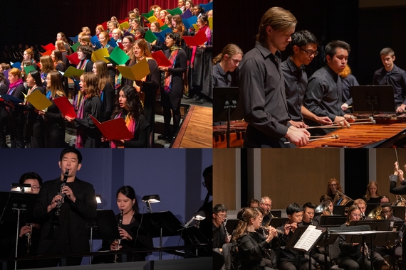 Upper left: Choir, Upper right: Percussion Ensemble, Lower left: Clarinet Studio, lower right: UWE with Emily Threinen