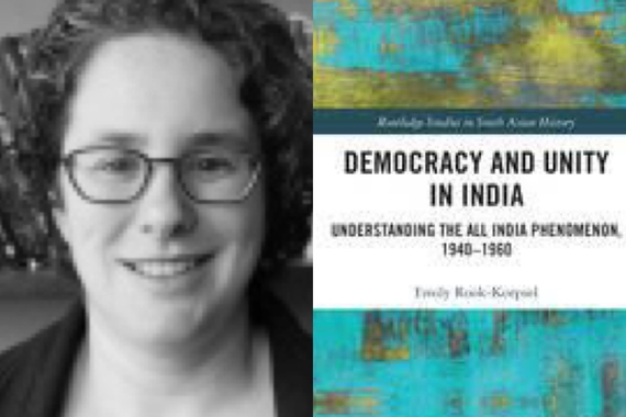 Portrait of Emily Rook-Koepsel and cover of "Democracy and Unity in India"
