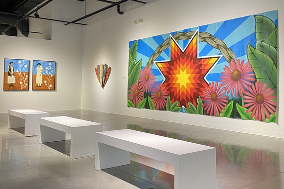 Colorful paintings in an art gallery