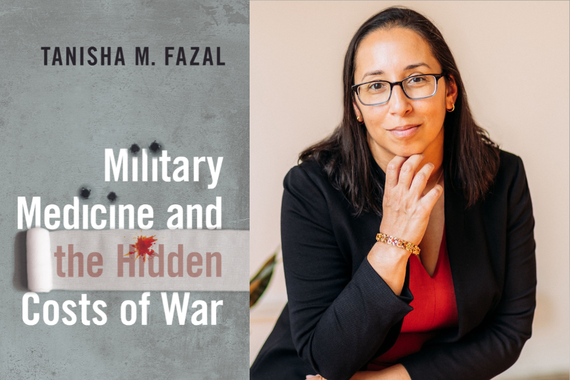 On the left is the gray book cover of "Military Medicine and the Hidden Costs of War." On the left is an image of Tanisha M. Fazal.