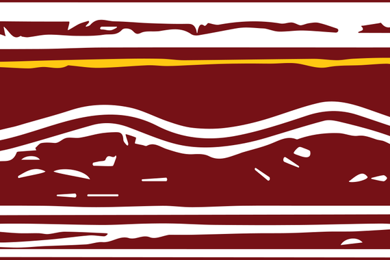 Maroon, white, and gold graphic inspired by a wood collage of the Mississippi River by George Morrison. Has straight horizontal lines across the top and bottom and a gentle horizontal wave across the middle.