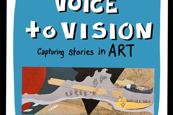 Illustration of stick figures on boats. Text says Liberal Arts Engagement Hub 2022-23 Residencies Voice to Vision Capturing Stories in Art Voice to Vision Thu Pham 2019 Acrylic on wood 22 3/4" wide by 8" high David Feinberg and Center for Holocaust & Genocide Studies