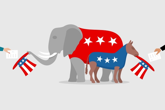 Political image of donkey and elephant