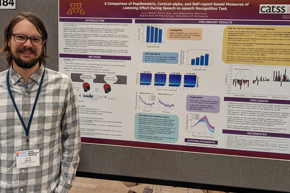 Juraj Mesik with the poster A Comparison of Pupillometric, Cortical-alpha, and Self-report-based Measures of Listening Effort During Speech-in-speech Recognition Task