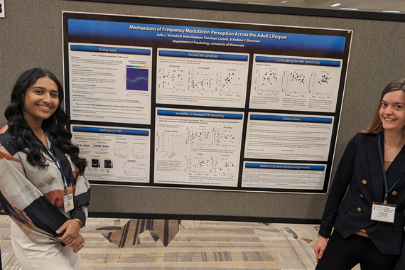 Neha Rajappa and Penelope Corbett with the poster Mechanisms of Frequency Modulation Perception Across the Adult Lifespan