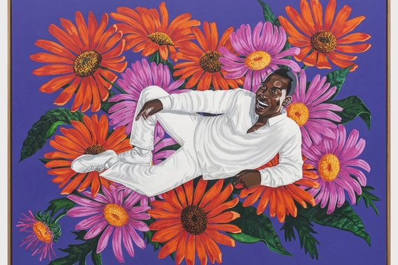 Painting of a Black man smiling in all white reclining on a pile of giant orange and purple flowers on a deep purple background