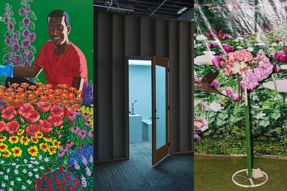 Three works of art: painting of a smiling Black man with a variety of flowers; a door open to a coldly lit room with a microphone on a table; and a photo of fake pink flowers on a stand in front of a banner photo of plants