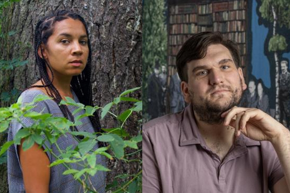 Two headshots: at left, a Black female-presenting person with long braids in a forest; at right, a white male-presenting person in front of a large collage