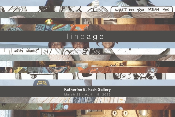 Horizontally striped collage of thin strips of different artworks in blues and browns with two black stripes and text "Lineage" and "Katherine E Nash Gallery, March 28 - April 21"