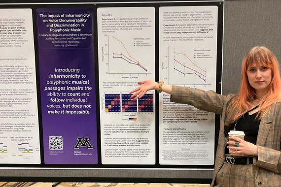 Lisanne Bogaard with the poster The Impact of Inharmonicity on Voice Denumerability and Discrimination in Polyphonic Music