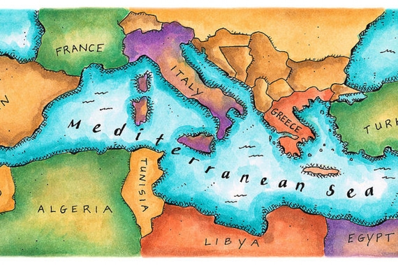 A brightly colored illustrated map of the Mediterranean Sea Basin