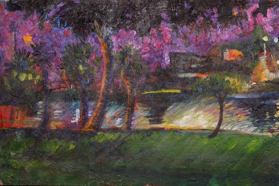 Painting of a park with water, trees, and a purple sunset