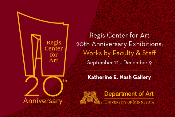Golden line drawing of a curved building facade labeled Regis Center for Art above “20th Anniversary” on top of a red and maroon background with event details