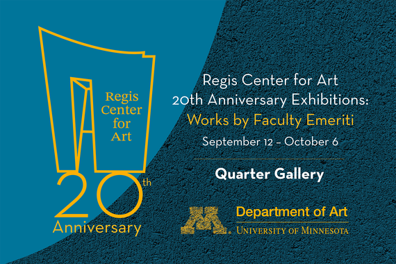Golden line drawing of a curved building facade labeled Regis Center for Art above “20th Anniversary” on top of a blue background with event details