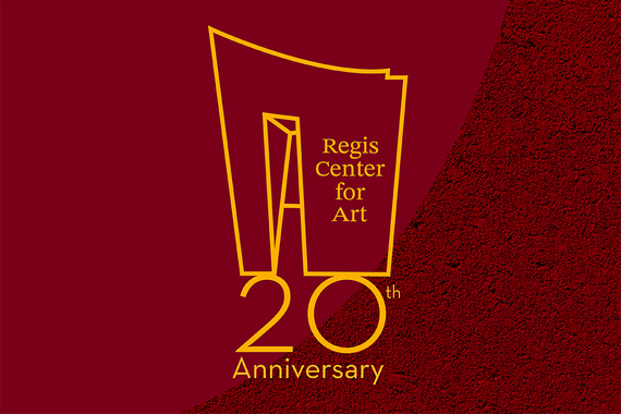 Yellow images of Regis Center for Art building facade above "20th Anniversary" on two-tone red background