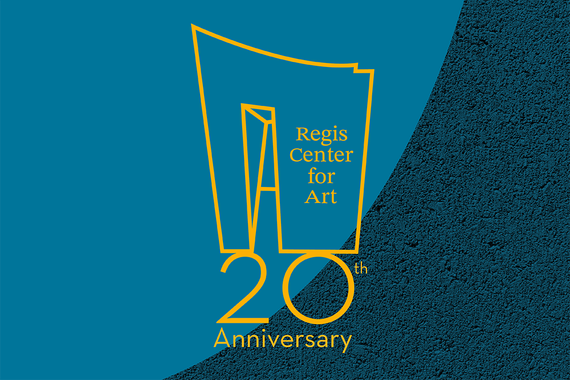 Yellow images of Regis Center for Art building facade above "20th Anniversary" on two-tone blue background