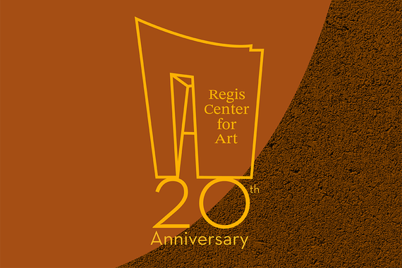 Yellow images of Regis Center for Art building facade above "20th Anniversary" on two-tone dusty mustard background