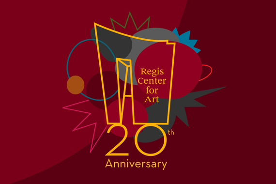 Golden line drawing of a curved building facade labeled Regis Center for Art above “20th Anniversary” on top of multi-colored circles and lines on a red and maroon background