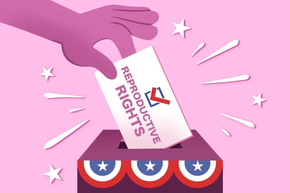 Illustration of person casting a ballot that reads "Reproductive Rights"