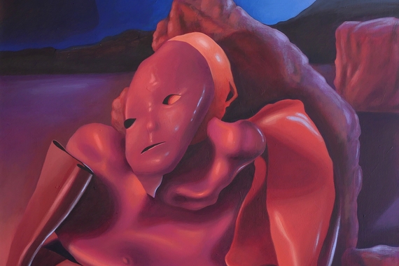 A surreal painting in red and blue tones of empty rubber hands and arms piled against rocks with a rubber skin-like face mask, above a drawing of a face in the sand