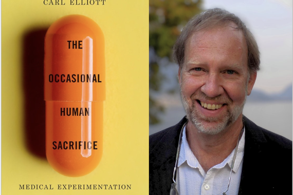 On the left is an image of a book cover with an orange pill on it. On the right is an image of Carl Elliot smiling.