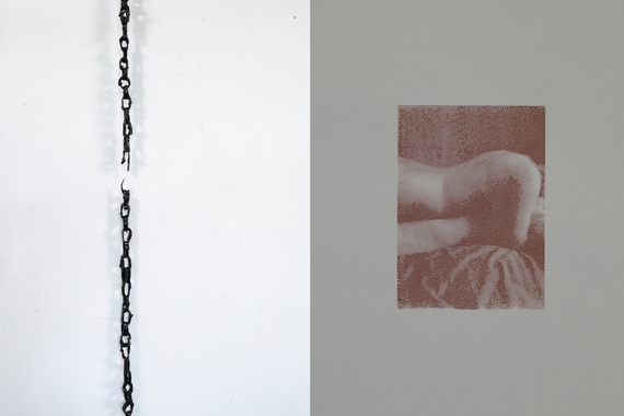 Two images of artwork. At left: A latex chain coated in asphaltum—a shiny, deep brown black coating—hangs from a white plastic hook against a wall, it has broken a little less than halfway down. The bottom half is adhered to the wall and stays in place. At right: A screen-printed image of two bodies embracing on a bed with only their torsos in view, sepia ink on gray paper.
