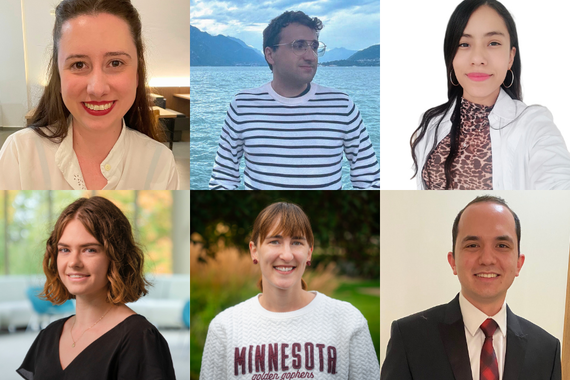 Collage of six headshots featuring diverse individuals smiling at the camera. The top row includes a woman with long brown hair in a white blouse, a man in a striped shirt standing by a lake, and a woman with long black hair wearing a white jacket. The bottom row includes a woman with shoulder-length brown hair in a black top, a woman with short brown hair in a 'Minnesota Golden Gophers' sweatshirt, and a man in a suit and tie.