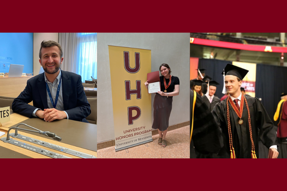 Three pictures of the Stroud Scholars, Tyler Hubler, Sophia Vilensky, and Henry Zurn on a maroon background.