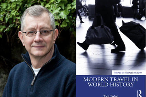 Portrait of Tom Taylor, older white man in a dark blue quarter zip in front of some foliage, with the cover of "Modern Travel in World History" on the right