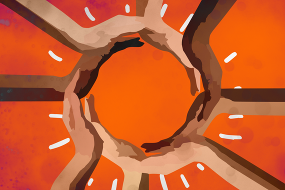 Illustration of hands forming a circle against an orange and red background