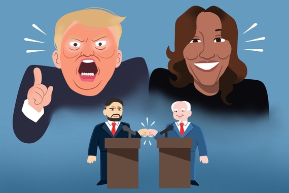 Caricatures of Trump, Harris, Vance, and Walz