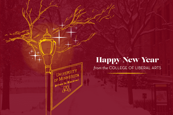 A glowing gold lamp post set atop a maroon view of campus with the words Happy New Year from the College of Liberal Arts