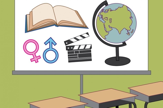 A cartoon illustration of an open book, a globe, the symbols for "male" and "female," and a movie clapperboard 