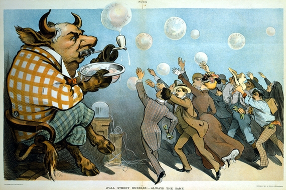 A political cartoon of a bull blowing bubbles that say "inflated values" with a bunch of men and women reaching up towards the bubbles.