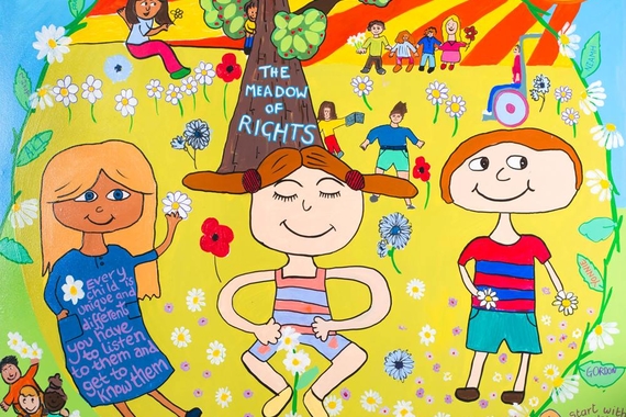 Colorful illustration of children playing in "The Meadow of Rights"