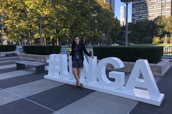 Jackie Kantack poses for a picture on the UN Plaza in New York