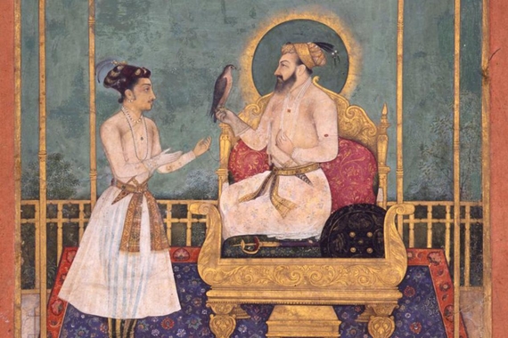 1630 Mughal Empire miniature painting of a man accepting a falcon from another man. 
