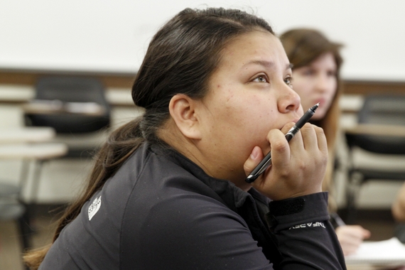 Student listening in Intermediate Ojibwe class