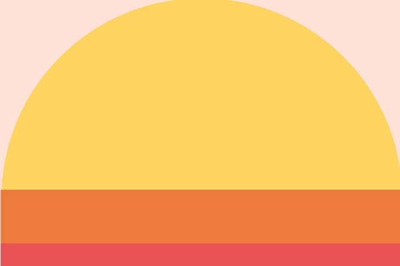 Illustration of a yellow half circle on a pink background with a stripe of red and a stripe of orange along the bottom 