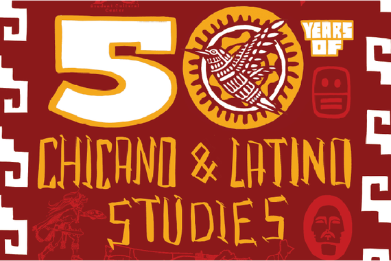 Artwork by Eric J. Garcia, featuring iconic Chicano and Latino cultural imagery and icons in maroon and gold