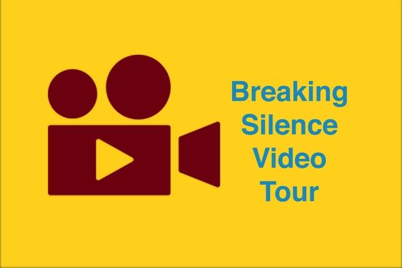 Graphic vector illustration of a video camera with a Play icon. The graphics also features text that reads, "Breaking Silence Video Tour."