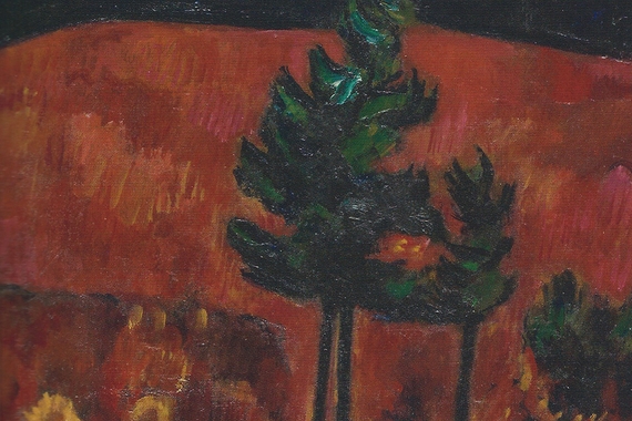 Detail from cover of Prof Campion's book RADICAL AS REALITY showing green tree against orange mountains
