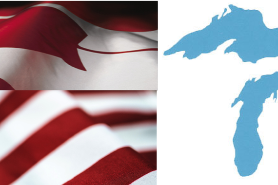 Snapshot of Canadian Flag, United States flag, and the Great Lakes