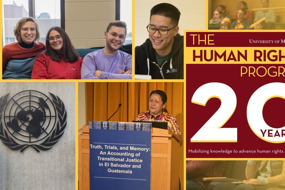 Photo montage of students and attendees at events with a 20th Anniversary Human Rights Program logo
